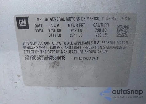 2017 Chevrolet Cruze Ls Auto из США, поврежденный, VIN 3G1BC5SM5HS554418